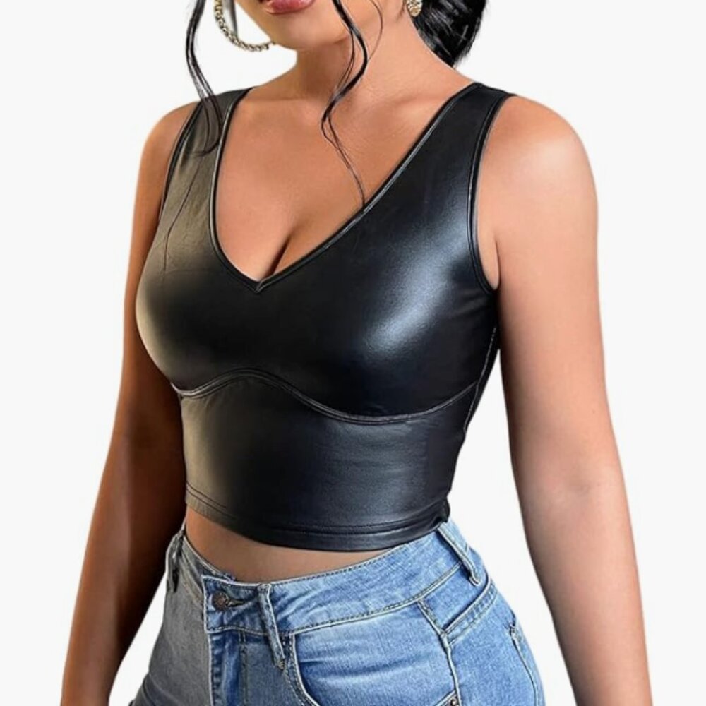 Floerns Women's PU Leather V Neck Solid Sleeveless Camisole Crop Tank Top